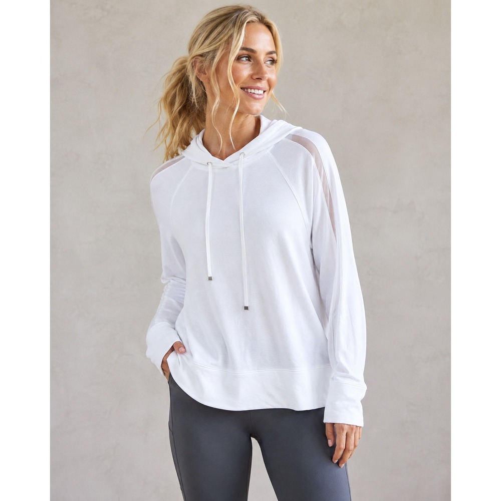Athleta Womens White Mesh Trim Raglan Sleeve Modal Blend Hoodie Sweatshirt M